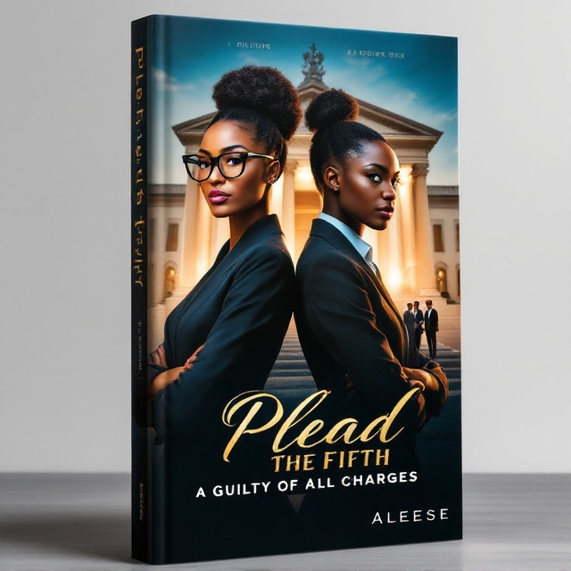 Two confident African American women stand back-to-back in the foreground. The woman on the left sports box braids and chic glasses, while the one on the right wears her hair in a sleek bun. Both exude authority, arms crossed, and are depicted wearing modern, professional clothing. Behind them, a grand, ornate high-end courthouse bathed in soft golden sunlight takes center stage. To the right middle-ground, three sharply dressed, dark-skinned men are subtly captured in conversation, appearing distinguished and charismatic. Subtle gradients of blues and golds dominate the background, giving the design an elegant yet modern edge.