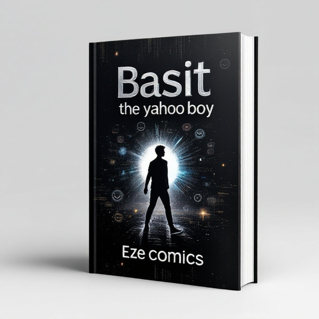 The book cover features a pitch-black background with faint, abstract outlines of smiling silhouettes in varying shades of black and gray, creating a textured but subtle design. In the foreground, a silhouette of a young man (likely Basit) is shown mid-stride, outlined with a glowing silver light to make him stand out. Surrounding him are vibrant digital streaks and pixelated patterns that evoke motion and energy. A faint, circular burst of light emanates behind the character, symbolizing optimism and happiness.