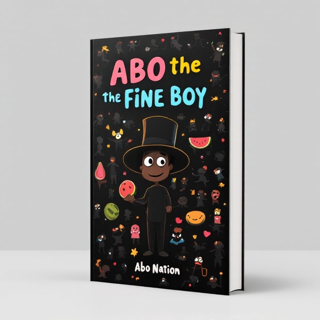 A sleek black background with a collage of quirky black silhouette-style cartoon figures scattered across the cover, all in amusing and exaggerated poses. The central focus is a larger, more prominent cartoon figure of “Abo” wearing a comically oversized hat or holding an oversized prop (like a watermelon). The title, "Abo the Fine Boy," is arched at the top in bold, playful lettering, with vibrant accents to add contrast. The author’s name, "Abo Nation," is placed at the bottom in clean, elegant font with a slightly subtle glow effect to stand out.