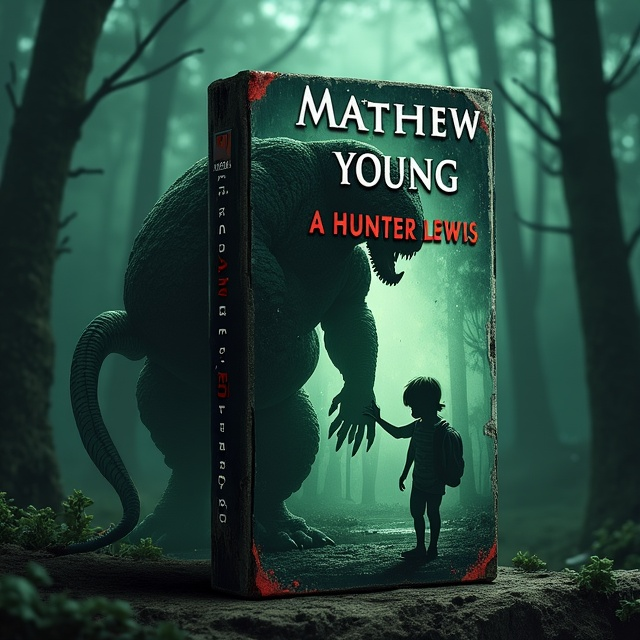 The book cover features a dark, misty forest background, shrouded in deep shadows that create an eerie sense of unease. In the foreground, a grotesque fat, scaly man with unnatural, distorted features is illuminated by pale, sickly green light. His clawed hand is reaching out to touch a frightened, wide-eyed child who cowers under his gaze. The man’s scales shimmer faintly, adding a reptilian texture that stands out against the dark backdrop. Blood-red streaks of fog curl around them, guiding the eye to the center of the action. The title, "Matthew Young," is written across the upper third of the cover in cracked, jagged lettering, while the author's name, "Hunter Lewis," is prominently displayed in bold, red metallic tones near the bottom center.