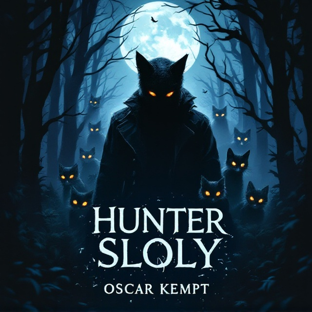 A dark, eerie forest background in various shades of deep blue and black, cast under a subtle, haunting moonlight. In the foreground, a shadowy figure of a man with visible cat ears, half-hidden in the dark, stands ominously. Surrounding him are glowing, piercing eyes of foxes and cats, eerily forcing their presence through the shadowy atmosphere. The animals form a chaotic yet organized circle, creating a sense of being watched and hunted. Subtle scratch marks and claw-like textures overlay the edges of the design, reinforcing the wild and dangerous feeling.