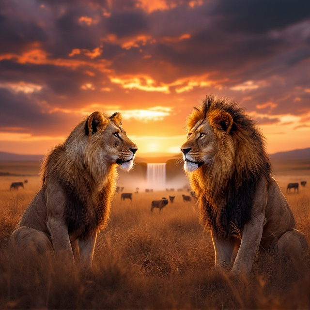 Two majestic male lions dominate the foreground, standing opposite each other on a dry, golden Serengeti plain at dusk. The younger lion, Seth, appears agile and sharp-eyed, while the older lion, Theo, is rugged with notable battle scars. In the distance, a cascading waterfall shimmers under the twilight, veiled slightly in mystery with soft mist rising from the base. Encircling the lions from a distance is a pack of hyenas and wild dogs crouching low as if strategizing for an attack. The sky is an ominous mix of deep purples and burning orange hues, conveying both danger and the lure of a new horizon.