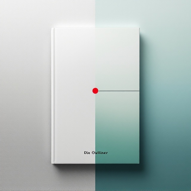 A minimalistic design with an aerial view of a plain surface divided by a thin, delicate line starting from the letter "L" in "Die Outliner." The line runs diagonally from the top left corner of the page, gently curving once towards the center, where it is broken by a small, striking red dot. On the left side of the line, the page is washed in varying shades of light grey, creating a foggy and lifeless atmosphere. On the right side of the line, the colors begin transitioning from pale green near the center to a soft blue at the edges, suggesting hopeful greenery leading into a peaceful ocean in the distance.