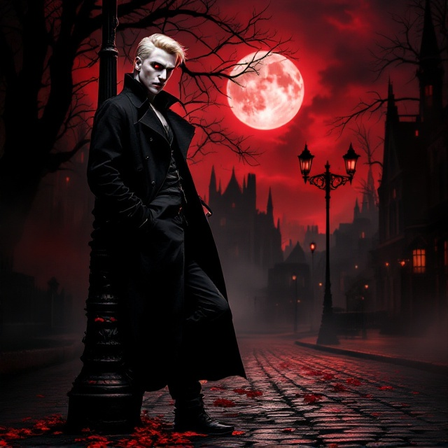 A dimly lit cobblestone street slashes diagonally across the cover, slightly askew to generate unease. Leaning against a wrought iron lamppost is a tall, brooding vampire with pale skin, striking red eyes, and slicked-back platinum blonde hair, dressed in a long Gothic trench coat. His pose is casual yet menacing—a cigarette lazily dangling from his fingers. The background reveals shadowy silhouettes of neo-Gothic architecture, such as pointed rooftops and high arches, under a moonless, crimson-tinged sky marred by tendrils of black mist. The shadows seem alive, creeping toward the vampire's figure as if attempting to engulf him.