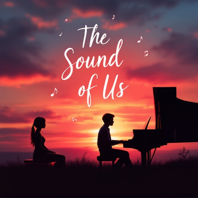 A serene sunset sky drenched in warm hues of orange and pink takes up the background of the cover. In the foreground, a girl sits to the left playing a vibrant, slightly glowing keyboard, while on the right, a boy is positioned elegantly playing a grand piano. Soft streaks of light from the sunset cast gentle reflections on the instruments. Their figures are semi-silhouetted but with subtle details to show expressions of peace and concentration. Light musical notes float faintly in the sky, blending into the atmosphere, symbolizing the romantic connection between the two characters.