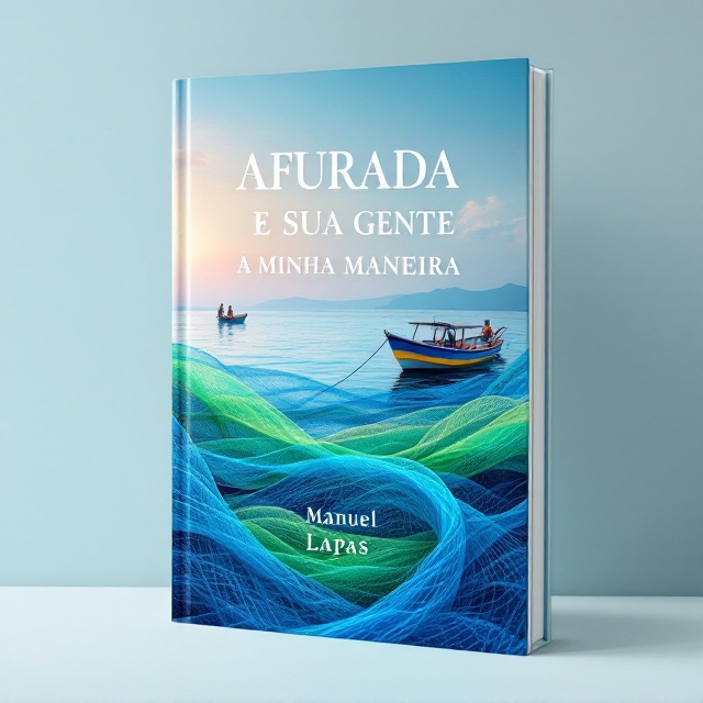A serene coastal scene with a fishing boat docked at the edge of the water. The foreground features vivid, intertwining fishing nets in various shades of blue and green, symbolizing the integral role of the nets to the fishing community. A soft gradient blue ocean mirrors the title’s sentimental connection to Afurada. In the distance, faint silhouettes of fishermen working on their boats emphasize the life and tradition of the community. The sky transitions from pastel dawn tones to brighter blue, adding an atmospheric backdrop.