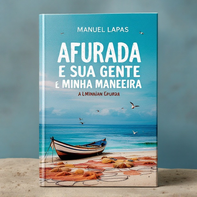 A tranquil yet vibrant scene featuring a traditional fishing boat gently anchored along the shore of Afurada, with fishing nets spread out on the sand in the foreground. Behind the boat, a deep blue ocean blends seamlessly into the sky, evoking serenity. On the top, seagulls soar in the distance to add authenticity to the fishing vibe. The bottom half of the cover subtly incorporates a group of fishermen with their tools, all engaged in their daily work, captured in natural poses to bring warmth and community to the imagery.