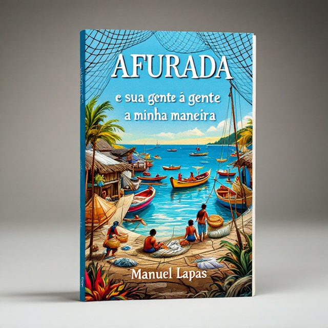 A vivid illustration of a bustling fishing village scene in Afurada, with intricate details of fishermen mending nets, women (peixeiras and varinas) carrying fish baskets by the docks, and colorful traditional fishing boats swaying gently in the blue waters. The background features softly sketched horizon lines where the azure sky meets the sea, while overlapping fishing nets frame the cover subtly.