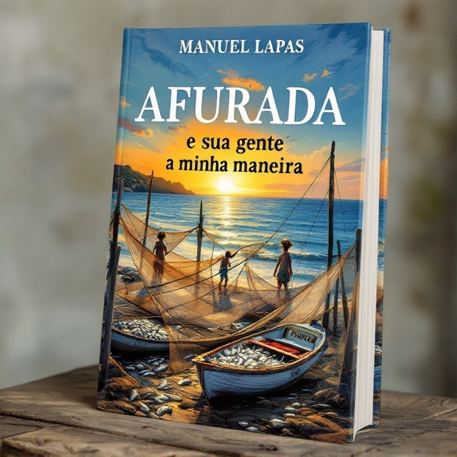 The cover features an idyllic seascape at sunset where the waters shimmer in hues of deep blue and golden light. The foreground shows detailed fishing nets draped over wooden posts, as if freshly taken from the sea. On the left, a small group of fishermen is depicted hauling a net full of silver fish. Slightly to the right, a figure of a traditional fishwife, dressed in traditional attire, carries her basket of fish on her head. A beautifully painted fishing boat with the name "Afurada" is positioned toward the bottom left corner, half in the frame, resting on the water. The sky transitions from light, golden hues at the horizon to deeper blue toward the top, complementing the sea below.