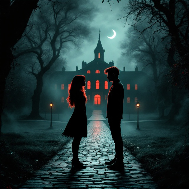 The cover features a moody college campus in the background, partially obscured by swirling, smoky tendrils of dark green and black. A cobblestone pathway leads to the main building, dividing the foreground into two equal halves. On either side of the path are a young man and woman, facing each other but standing apart, gazing at one another with intense, almost fiery glares. The girl's silhouette is outlined in dark red, while the guy's is outlined in black, symbolizing their tension. In the top left corner, a faint crescent moon glows, adding a touch of mysterious ambiance.