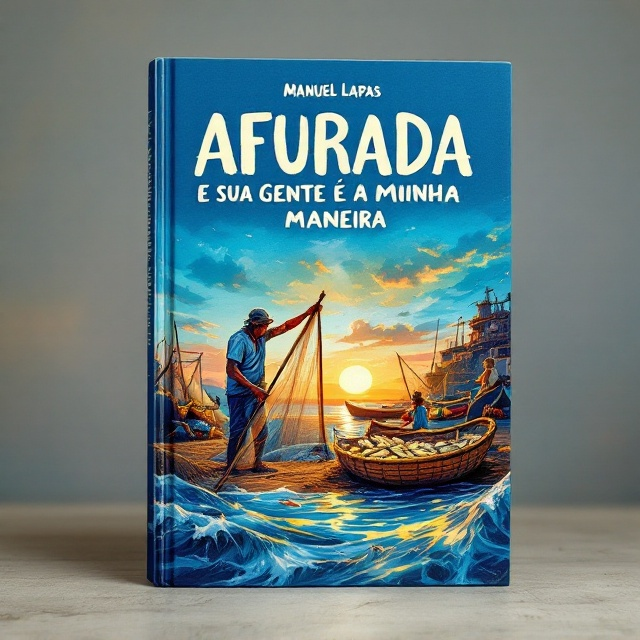 The cover features a vibrant illustration that captures the essence of Afurada, bathed in an atmospheric blue sea tone. In the foreground, a fisherman mends large fishing nets, with detailed textures. Surrounding him are iconic fish-selling women (peixeiras and varinas) with their traditional attire, baskets full of fresh fish, and boats docked at the harbor behind them. A soft gradient transitions from blue near the water to a golden sunset in the sky, adding warmth. Subtle waves and details of the sea dominate the lower half of the cover, complementing a rugged silhouette of the Afurada coastline.