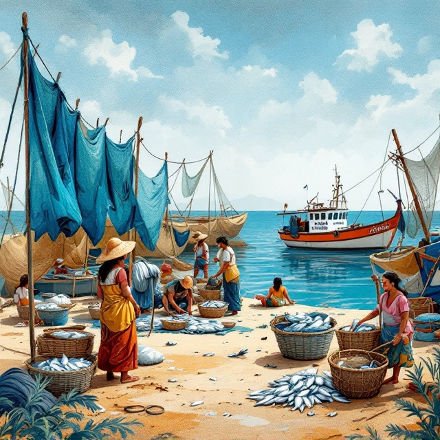 A serene yet dynamic depiction of a fishing scene from the harbor of Afurada. The cover features a textured illustration of fishing nets hanging to dry, with vibrant hues of blue and accents of sandy beige. In the foreground, several varinas and peixeiras (fish sellers)—dressed in traditional attire—are shown arranging fish in canastras (traditional baskets). A classic fishing boat with its name "Afurada" painted on the side floats in the background. The sea reflects the sky in delicate blue, and elegant fishing tools are scattered subtly to fill the composition.