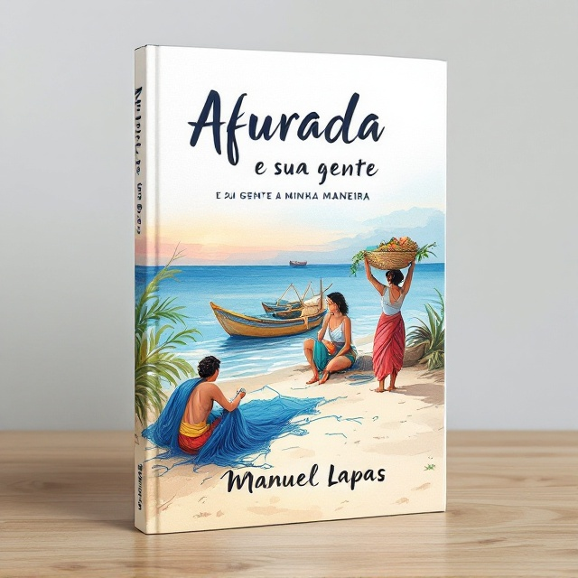 An illustration of a serene yet bustling fishing village scene dominates the cover. Fishermen are depicted mending their intricate blue fishing nets on the left-hand side, while on the right-hand side, women known as varinas are balancing canastras (baskets) gracefully on their heads. Behind them, a soft gradient sky transitions from morning hues to brighter blue tones, with traditional fishing boats anchored, slightly swayed by faint waves near the bottom border of the cover. The name “Afurada” is subtly integrated into the shoreline’s texture.
