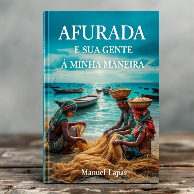 A serene seaside background with hues of deep blue and turquoise dominates the cover. Centered in the foreground are weathered fishermen carefully arranging their nets, their hands visibly roughened by years of labor. Beside them, two women with vibrant-patterned scarves on their heads carry traditional canastras (baskets) evocatively balanced on their heads, suggesting a bustling coastal life. Wooden fishing boats are docked in the background, painted in traditional Afurada colors, with faint sunlight shimmering on the water to suggest a sense of romance and nostalgia.
