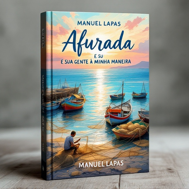 The cover features a serene seascape illustrating a small fishing village at dawn. Fishing boats adorned with nets are docked at the harbor, their vivid colors contrasting against the calm blue of the sea. In the foreground, a fisherman is depicted mending nets, with intricate detail showcasing the texture of the woven strings. The horizon fades gently into an uplifting sky, painted in shades of orange and pink, indicating the start of a peaceful day. Soft brushes and warm lighting add an emotional, nostalgic feel that connects the reader with the life and essence of "Afurada.".