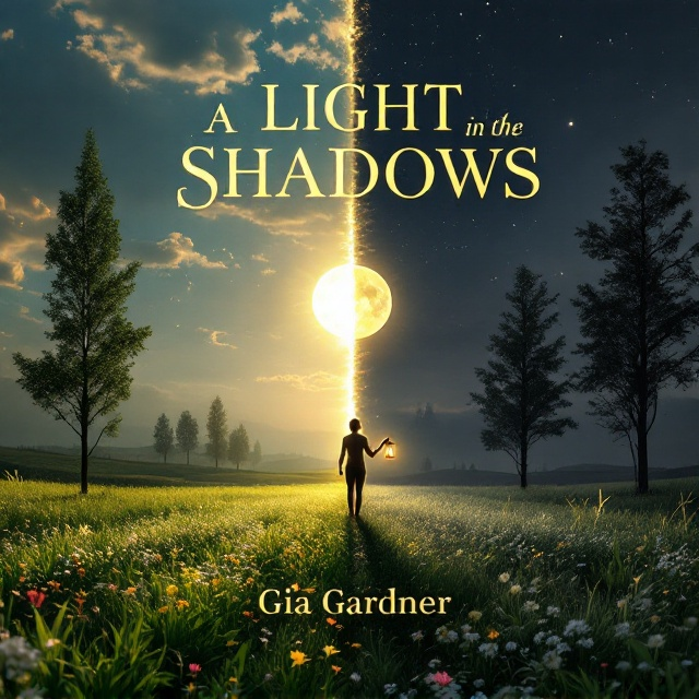 A serene countryside landscape split into two distinct sections. On the left, a radiant sunrise bursts through soft clouds, illuminating a lush, green meadow full of blooming wildflowers. On the right, a shadowy late evening scene overtakes the other half of the landscape, featuring tall, dark trees casting elongated shadows under the moonlight. A lone figure stands in the center, half bathed in sunlight and half consumed by dark shadows, holding a glowing lantern.