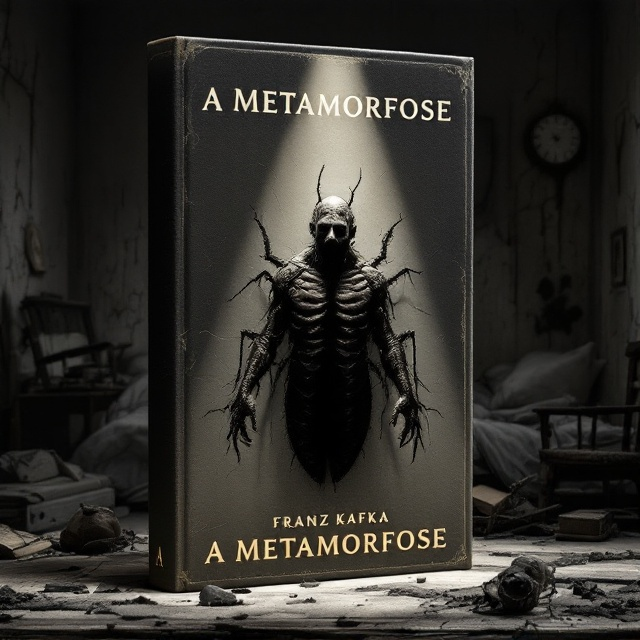 A metamorphic figure occupies the center of the cover—a man splitting between human and insect form. The upper half of his body remains human, but his lower half has fragmented into the grotesque texture of a cockroach’s exoskeleton. His human face, marked with wide, desperate eyes and a furrowed brow, is bathed in an eerie spotlight, emphasizing his emotional turmoil. Around him, the setting is darkened—an oppressive, shadow-cast room with cracked, peeling walls, a toppled chair, and a bed in disarray. The disheveled sheets and a damaged, time-stopped clock further emphasize chaos. Shadows stretch exaggeratedly across the surfaces, hinting at an otherworldly, nightmarish quality.