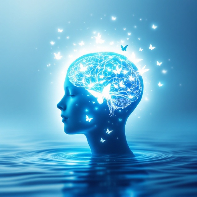 A glowing human head silhouette is positioned in the center of the cover, filled with intricate illustrations of a brain morphing into fluttering butterflies. The butterflies, illuminated with soft white and blue light, flow outward, symbolizing emotional release, spiritual connection, and transformation. Behind the silhouette, an ethereal gradient of soft blue hues (deeper near the edges and lighter toward the center) creates a calm, reflective atmosphere. In the background, a subtle halo effect emphasizes the spiritual aspect. Gentle waves representing the sea merge seamlessly with the top of the head to evoke introspection and connection to deeper thoughts.