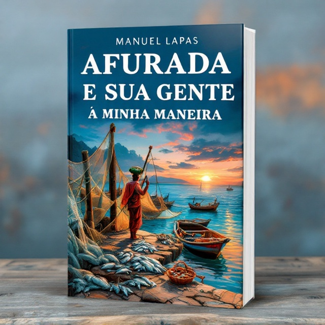 A scenic view of a small fishing harbor at sunrise dominates the book cover. The deep blue hues of the sea blend with the warm tones of the rising sun. In the foreground, detailed fishing nets are draped over rugged wooden posts, hinting at recent activity. To the left, a fisherman is seen pulling up a net with fish glistening in silver tones, and on the right, a peixiera (fish seller) in traditional attire carries a basket of fish on her head. Small wooden boats with traditional names painted on them gently float in the water, adding depth and charm to the scene. The title radiates in bold white font across the top, creating focus without overshadowing the imagery.