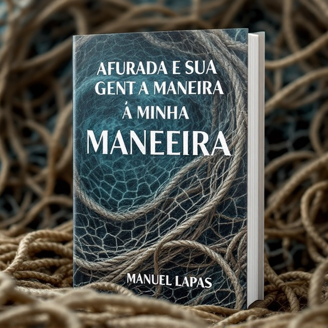 A close-up of woven fishing nets occupies the entire background of the cover, with intricate details of ropes and fibers highlighted as if freshly cast. Subtle water droplets glisten on the net, evoking a sense of vitality and marine life. The color palette incorporates muted earthy tones like deep brown and beige for the nets, contrasted with soft hues of blues and greens hinting at the nearby ocean.