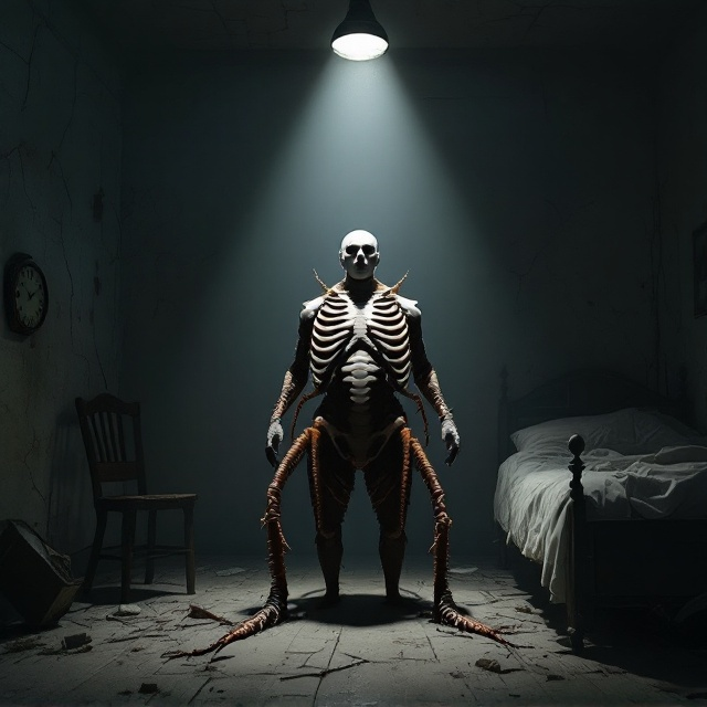 A humanoid figure occupies the center of the cover, split diagonally to represent the transformation. The top half of the figure’s body retains human features (pale skin, sunken cheeks, terrified wide eyes), while the lower half morphs disturbingly into an oversized glossy exoskeleton of a cockroach, complete with twitching insect-like legs emerging from the shadows. Surrounding the figure is a claustrophobic, dimly lit room with cracked and peeling walls, a toppled wooden chair in one corner, a broken clock with its hands frozen at midnight, and a disheveled bed with torn sheets. A single glaring spotlight from above casts exaggerated shadows around the character and room, amplifying the sense of confusion and despair. The light subtly fades at the edges into a gradient of smoky black and midnight blue.