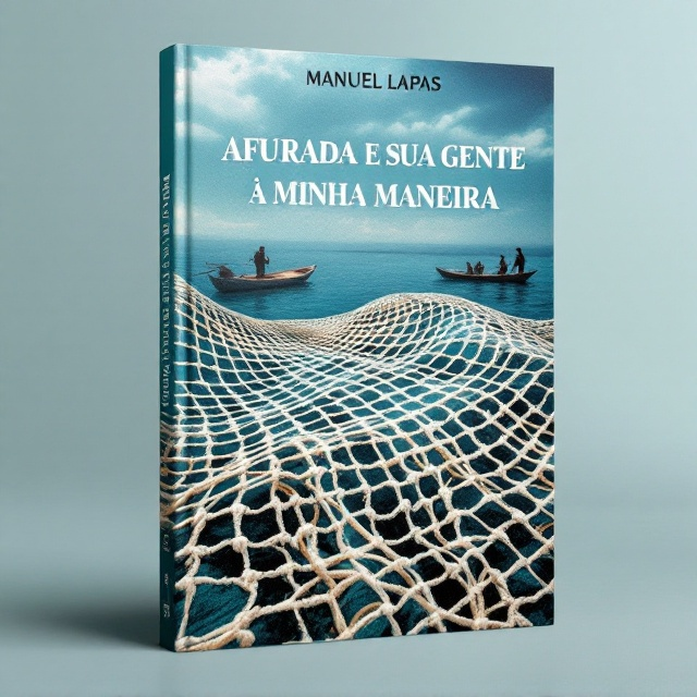 A close-up, textured depiction of traditional fishing nets takes center stage—spread diagonally across the cover, with fine detailing of the knots and threads, giving a tactile feel. The background transitions seamlessly from a soft "azul mar" (ocean blue) gradient at the top to a slightly darker, deeper blue at the bottom, imitating the shifting shades of the sea. Subtle silhouettes of fishermen and fishing boats appear in the far background, blending naturally into the scene without overpowering the fishing nets, serving as a nod to the fishing culture of Afurada.