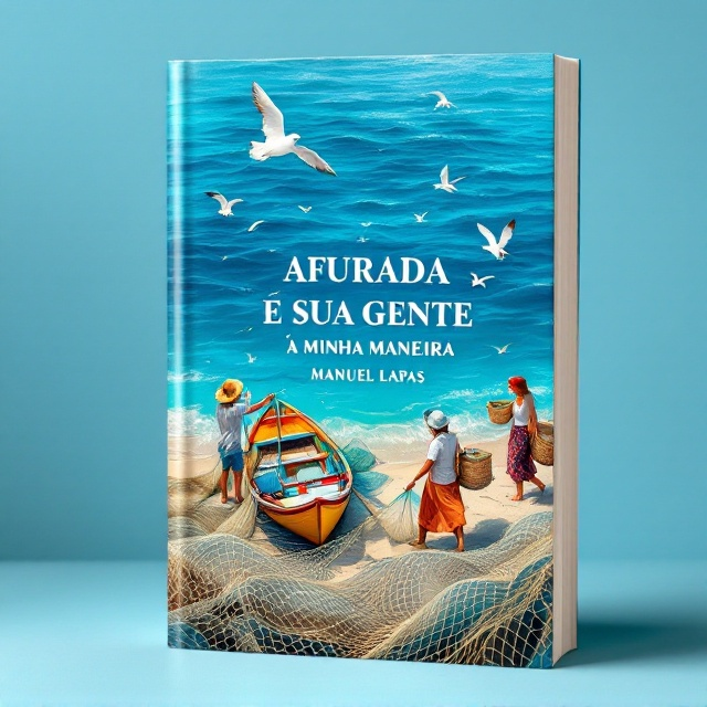 A tranquil blue sea occupies the background from top to bottom, with soft waves painted in gradients of azure. On the left side of the cover, a romantic yet nostalgic scene of fishermen hauling nets into a brightly painted wooden boat is illustrated in fine detail. To the right, a group of peixeiras (fishwives) carrying canastras (woven baskets full of fish) is shown in movement, their figures blending into the horizon as if part of an eternal seafaring legacy. Intricate fishing nets spread across the lower portion of the cover, woven beneath the title text. Above, small seagulls circle the scene, their flight offering a sense of freedom and perseverance.