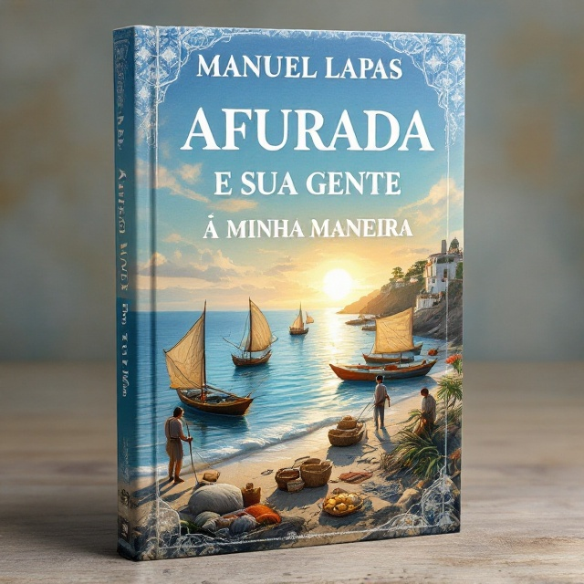 A serene coastal scene dominates the cover, featuring a small fleet of traditional Portuguese fishing boats swaying gently on a blue sea under a warm, glowing sunrise. Fishermen are visible in action, casting and mending nets, while fishwives with canastras (traditional baskets) stand on the shore, framed by rustic, earthy elements reflective of their daily lives. A subtle traditional Azulejo tile pattern is blended into the background to evoke the cultural heritage of Afurada. The title is placed prominently in white, standing out against the marine-inspired backdrop, with a delicate pattern of fish scales subtly mirroring the theme.