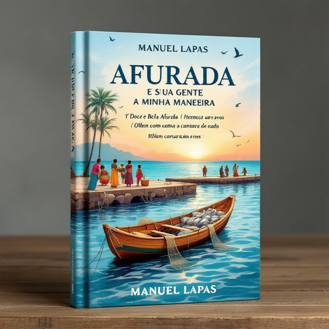 The cover depicts a serene yet vibrant scene of Afurada. Along the bottom, a wooden fishing boat drifts gently on blue, rippling waters, its nets spilling over the side, hinting at a long day of work. Varinas (traditional fish vendors) stand gracefully on the docks in colorful attire, holding canastras (baskets) filled with fresh fish. The upper portion of the cover blends soft brush strokes of a golden sunset descending into the azure sea. In the distance, silhouettes of fishermen cast their lines, with maritime birds hovering above. The poetic stanza "Ó Doce e Bela Afurada / Herança dos nossos avós / Heróis em terra do nada / Olhem como a cantamos nós" subtly blends in with the sky above in a handwritten, calligraphic style.
