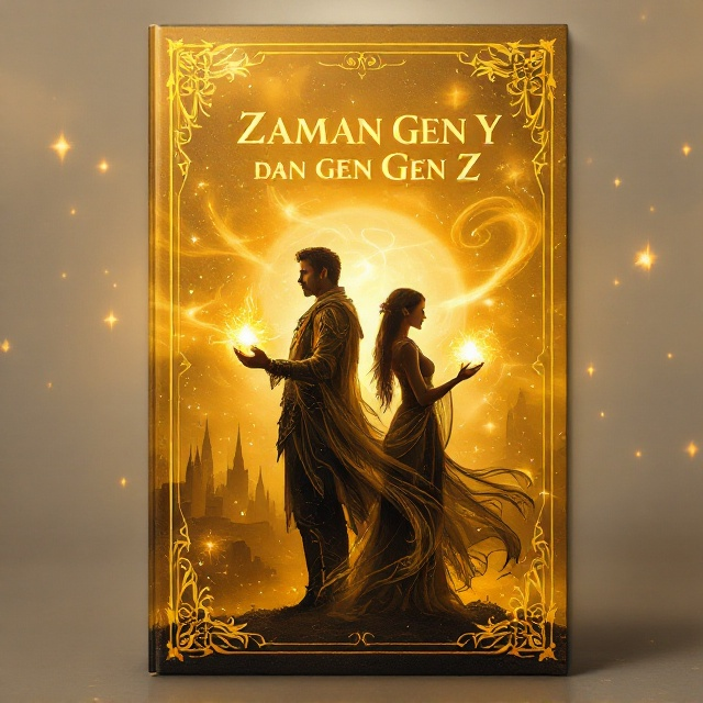 A golden-hued, ethereal sky dominates the background, giving the entire scene a magical glow. At the center, a powerful silhouette of a man and a woman stand back-to-back. The man wields a glowing staff while the woman holds a mysterious orb. Both characters wear flowing, fantasy-inspired cloaks with intricate designs. Swirling mystical shapes, representing energy, float around them. The horizon line separates an imagined city of spires and towers in soft shadow below.