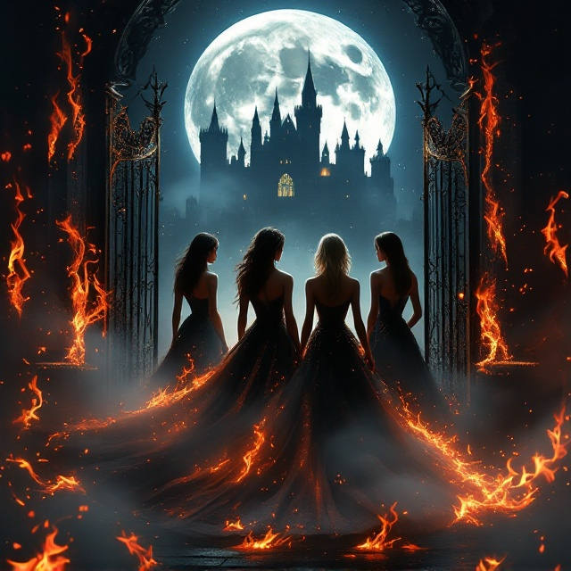 A dark, atmospheric scene sets the tone. At the center of the cover, the silhouettes of four women stand confidently, their elegance unmistakable – three brunettes and one blonde. Their gowns are intricately detailed with threads of glowing gold that shimmer like living fire. A mysterious castle looms in the background, its turrets glowing faintly under the cold, silver shine of a massive full moon. Surrounding them, orange and red flames curl and dance mischievously, lighting the foreground with dangerous energy. A swirling fog covers the ground, weaving through the flames and stretching toward the open wrought-iron gates of a ballroom. The open portal offers a teasing glimpse of an opulent and enigmatic interior. The entire scene blends warm tones of red, orange, and gold against a predominantly black and slate blue backdrop, creating a mysterious yet intensely magical mood.