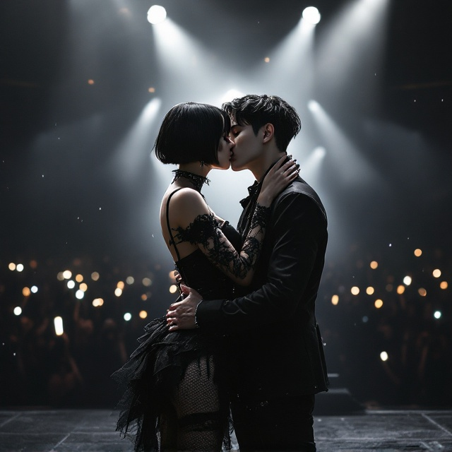 The cover features a central focus on a dramatic, Gothic scene. A Brazilian woman with short, sleek black hair, pale skin, and an intricate Gothic outfit—lace corset, layered lace skirt, fishnet stockings, and combat boots—is passionately kissing Jungkook on-stage during a BTS concert. Neon spotlights streak dramatically across the stage, casting sharp contrasts of light and shadow. The background reveals a sea of blurred fans holding glowing lightsticks, reinforcing the K-pop vibe. Jungkook is depicted wearing a stylish all-black outfit with visible tattoos running up his exposed forearms, emphasizing his edgy appeal. A dark, gradient backdrop fades into tones of deep gray and black, with subtle luminous sparkles to add a dreamy yet Gothic ambiance.