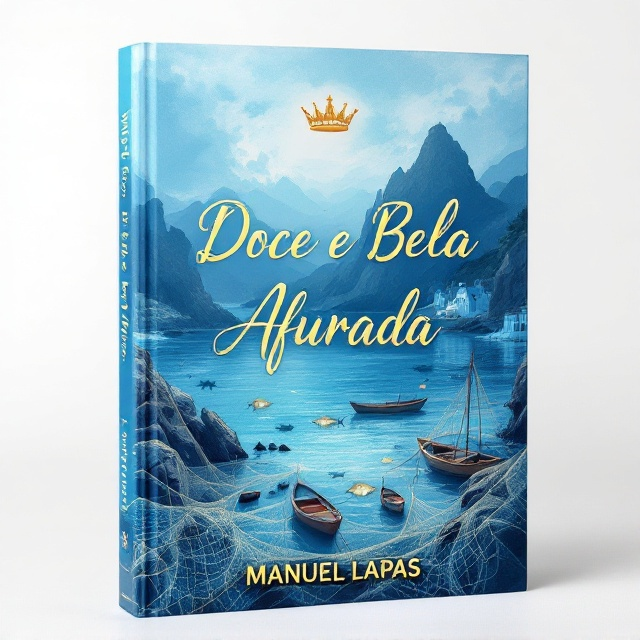 A serene, hand-painted scene of the Afurada village in the background, with a soft emphasis on the blue tones representing the "azul mar." In the foreground, intricately detailed fishing nets are draped over jagged rocks, accompanied by small fishing boats. Near the upper center, a subtle but regal golden Queen's crown hovers faintly, symbolizing Afurada as the “Coroa de Rainha.” Lightly textured visuals of fish are scattered, blending seamlessly into the waves, balancing the cover.