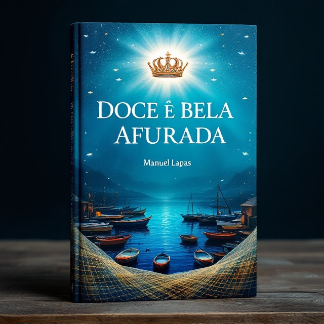 A serene yet striking scene of fishing boats docked at a quaint harbor is displayed across the bottom half of the cover. The foreground is adorned with intricately layered fishing nets cascading across the page, symbolizing a woven tapestry of verses. Above, a regal crown inspired by Queen Afurada is centrally placed, shining brightly over the ocean-blue gradient background, symbolizing majesty and connection to the sea. Small elements of fish and fishermen in silhouette patterns subtly embellish the edges, bringing the fishing theme to life.