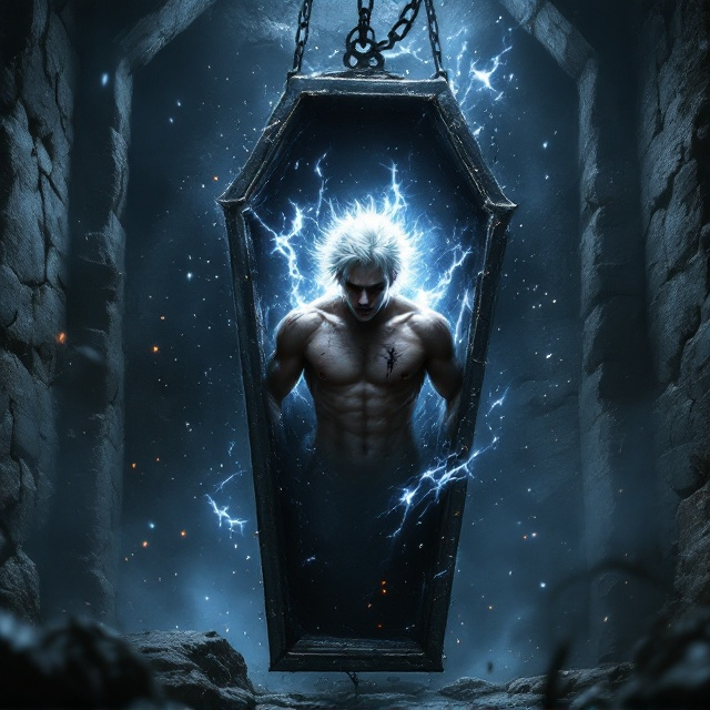 A dimly lit dungeon with jagged stone walls as the backdrop. The focal point of the cover is a young white-haired man, mid-action, breaking out of an iron coffin. The coffin is vertical, suspended by thick iron chains, some of which are snapping or violently swinging. The young man’s face is a mix of rage and pain, with bruises and cuts marking his exposed upper torso. Magical light flows out of cracks in the coffin, glowing in white and blue hues, accentuating the supernatural energy of the scene. Embers and dust particles float in the dim air, while shadowy tendrils snake out from the edges of the dungeon, creating a mysterious and unsettling atmosphere.