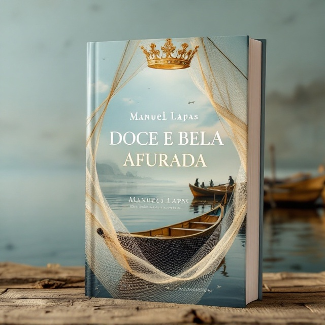A tranquil waterside scene is depicted, showing wooden fishing boats tethered along a dock. In the foreground, a delicately draped fishing net spreads diagonally across the cover, with intricate details of its weave visible. Floating above the composition is a regal crown, subtly shimmering with golden accents, symbolizing Afurada's metaphorical royal identity. Background hues blend soft blues of the sky and water with warm tans representing the boats and net. Faint silhouettes of fishermen and fish appear in the distance, adding depth and texture.