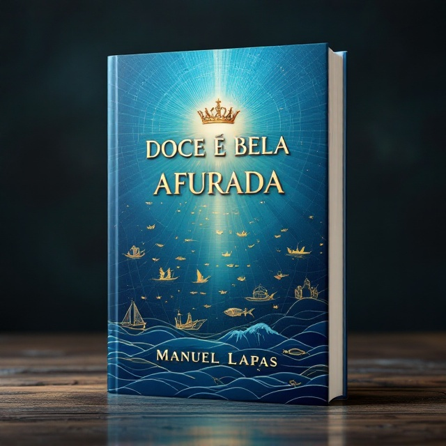 A radiant deep blue sea background that blends into a sunrise at the top, symbolizing hope and historic glory. Across the cover, a large, open fishing net stretches diagonally from the bottom left corner to the upper right, draping like a gentle veil over the scene. Within the net, subtle outlines of boats, fishermen, and fish are visible in soft golden hues, evoking a sense of livelihood and heritage. At the top center of the cover, a regal Queen's crown rests, signifying Afurada’s noble spirit and pride. Abstracted waves in the lower section add rhythm and depth.