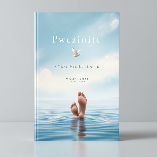 A pair of bare feet walking gently on the edge of glistening water, the reflection of the sky and a lone bird flying high above in the ripples. The sky fades into a soft gradient of blue and white with faint gray streaks, evoking depth and eternity. The bird adds a perspective of freedom and continuity. The horizon line is infinite, drawing the eye beyond the frame.