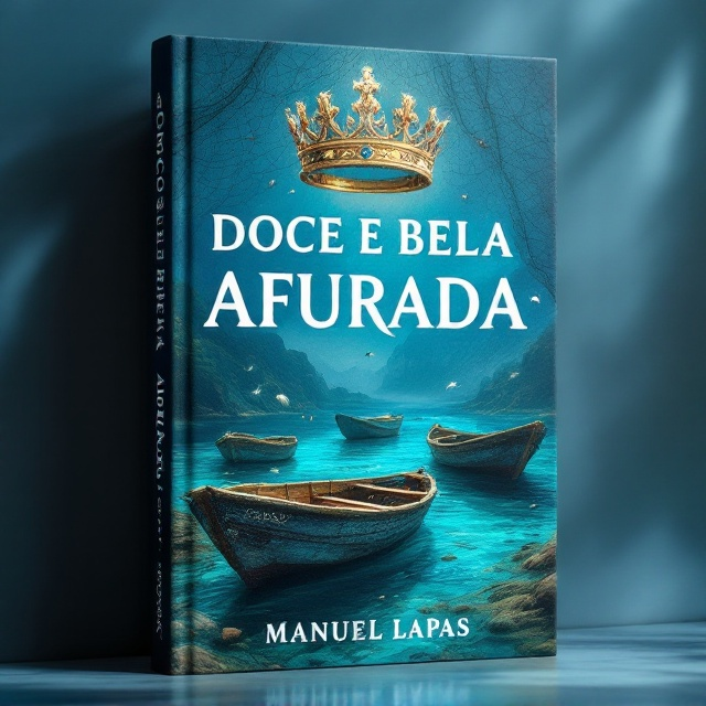 A dramatic, serene coastal scene with a network of fishing net textures blended across the entire cover. In the foreground, worn fishing boats are depicted gently rocking on crystal blue waters. These boats bear subtle detailing that suggests a historical connection to Afurada. Above the seascape sits a regal Queen’s crown, slightly tilted, floating in soft sunlight that adds warmth to the design. Delicate representations of pebbles and fish are scattered around the crown, subtly merging these elements into the calm maritime setting.