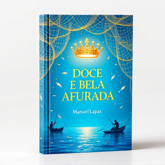 A vibrant sky-blue background that transitions fluidly into the deep blue of the sea at the bottom of the cover. A golden, ornate crown with delicate fishing nets draped over it is centered, symbolizing the “Coroa de Rainha.” Surrounding this are illustrations of fishing boats on calm waters, fishermen casting nets, and small, silver fish leaping in motion. The fishing nets stretch across the cover, creating intricate patterns and framing the visuals. A soft glow emanates from the crown, giving it an ethereal and majestic quality.