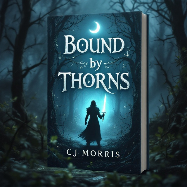 The cover depicts a rugged forest setting shrouded in mist, with thorny vines wrapping around the silhouetted figure of a warrior holding a glowing, enchanted sword. Above, a faint crescent moon casts a pale silver glow over the setting, adding an ethereal quality. The background is dominated by a deep navy color palette, with subtle gradients to signify depth and mystery. The vines have faint glowing runes etched into them, emphasizing the fantasy element.