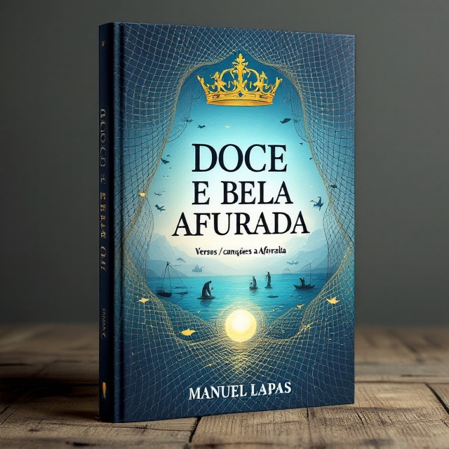 A regal crown intertwined with delicate fishing nets spans the top half of the cover, symbolizing the reign and spirit of Afurada. Beneath the crown, a serene blue gradient mimics the sky blending into the sea, populated with subtle illustrations of fishing boats, fishermen casting their nets, and swimming fish. The intricate fishing net serves as a texture overlay across the entire cover, subtly linking all elements together. A glowing orb of light is strategically placed at the bottom to evoke the mystery and odyssey of the town’s legacy.