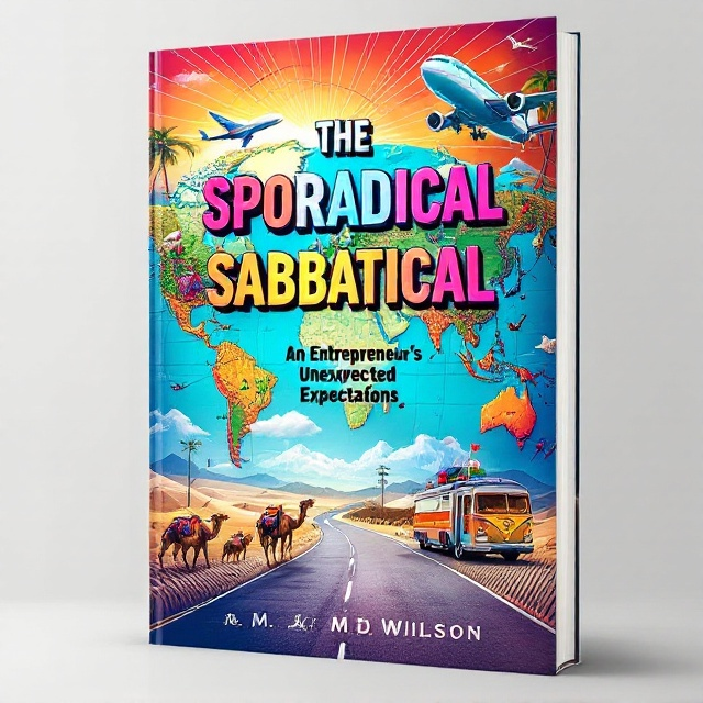 The cover bursts with an action-packed montage. At the center is a vibrant map with dotted travel lines crisscrossing to different locations around the globe. Surrounding it are realistic yet artistic illustrations of a jet plane soaring through the air, a vintage train puffing smoke, a colorful rickshaw in motion, a caravan of camels crossing sand dunes, a classic convertible car on a winding coastal road, and a cheerful RV with luggage strapped on top. The backdrop is an expansive skyline that fades from a sunrise to a sunset, symbolizing time and adventure.
