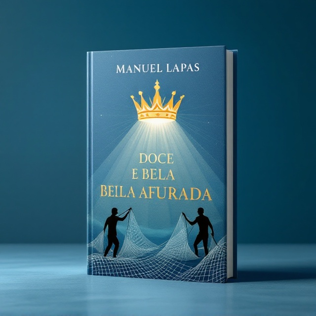 A serene oceanic blue dominates the background, symbolizing the "azul mar" primary color preference. Subtly blended in are faint overlays of fishing nets running in intricate patterns across the entire cover. A stylized crown, illustrated to resemble both regal elegance and the shape of a fishing net, rests central-top, signifying the "Coroa de Rainha como Afurada é." The lower section features minimalist depictions of fishing boats with silhouetted fishermen hauling their nets, offering nostalgia and reflection on Afurada's communal life. Soft rays of light in gold highlight parts of the crown and netting, evoking a sense of mystery and reverence.