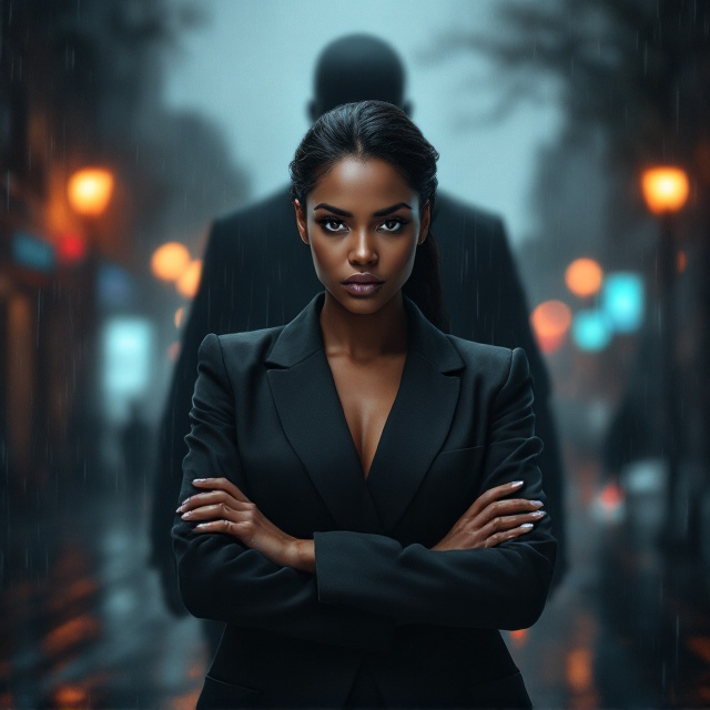 A powerful, intense depiction of an elegant adult Black woman in her late thirties, wearing a modern, professional outfit reminiscent of a doctor or business executive. Her gaze is intense, and her posture authoritative, with arms crossed at the center of the frame. Behind her looms a dark, shadowy silhouette of a tall, menacing male figure. The shadows are detailed but retain a sense of mystery and threat. The backdrop consists of Paris’ blurred skyline drenched in a somber rain-soaked ambiance with scattered neon lights flickering in the distance. An overlay of glistening rain streaks and a gritty, grainy texture runs across the design, adding to the thriller mood. The center lighting subtly highlights the woman’s face to draw immediate attention while keeping the rest of the scene relatively darker.