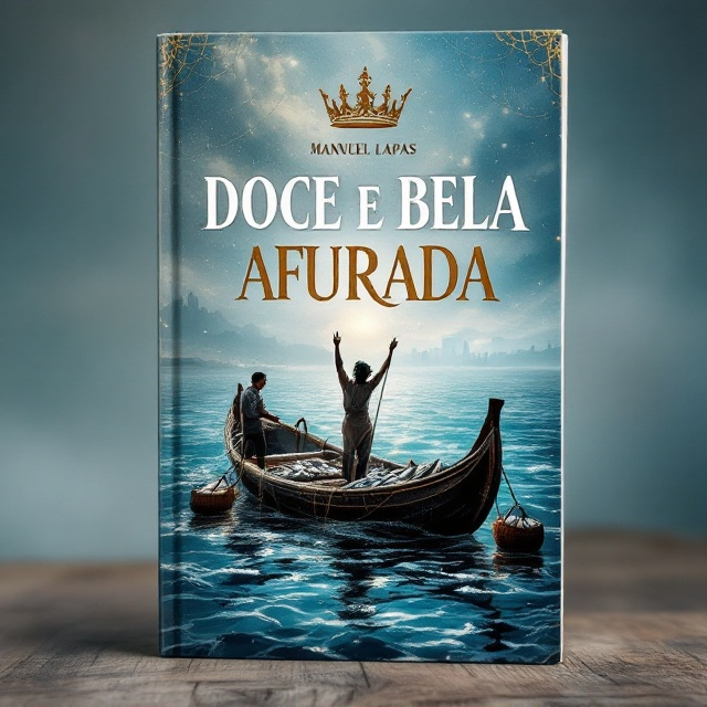 A grand queen's crown adorned with fishing net textures, subtly sparkling with the shimmer of the sea, is positioned at the center top of the cover. Below it, a beautifully detailed scene of a fishing boat amidst gentle rippling blue sea waves, surrounded by fishermen, varinas (fish sellers), and baskets (canastras) overflowing with fish, is illustrated in a semi-realistic style. In the background, faint silhouettes of the Afurada skyline blend into the horizon under a misty, poetic aura, creating a sense of nostalgia and mystery.