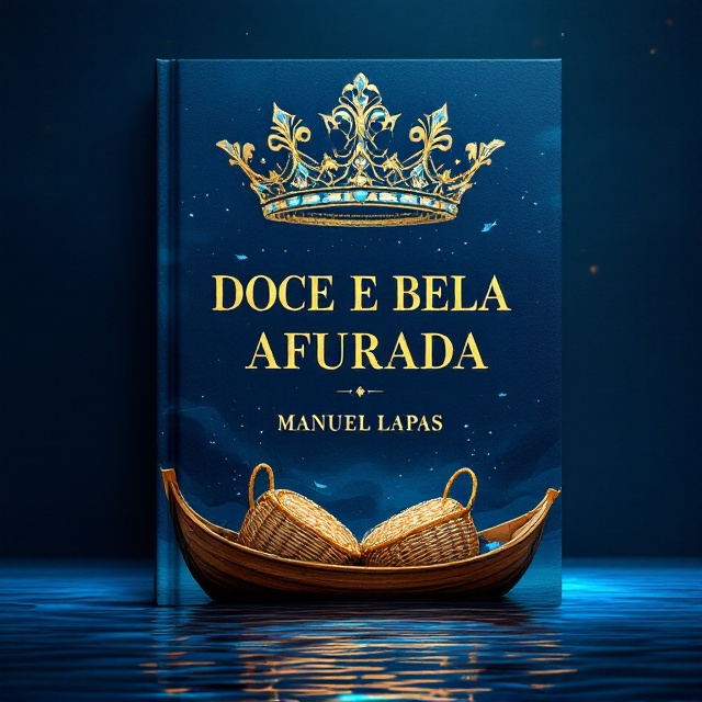 A rich, deep ocean-blue background dominates the cover, framed by the silhouette of a majestic queen's crown at the top center. The crown is delicate, textured like a net, with intricate details of fishing motifs—small fish dangling like jewels and ropes entwined within its structure. Below the crown, an old wooden fishing boat afloat on calm water holds a pair of classic woven canastras (fish baskets). A ghostly, artistic rendering of fisherfolk in action fades into the background, giving a nostalgic aura of movement and hard work. Swirling around the crown are subtle golden waves that add an epic and almost regal touch.