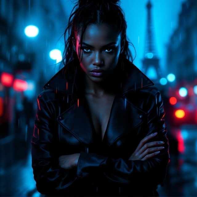 A dramatic portrait of a confident, intense woman of African descent takes center stage, her arms crossed in a commanding pose. Her sharp features are illuminated by the dim glow of blue neon light, adding tension and depth. Behind her looms the shadowy silhouette of an ominous male figure—tall, domineering, and faceless—blurred behind a glossy rain-streaked surface. The shadow figure fades into the backdrop of a Parisian cityscape, complete with hazy streetlights and an Eiffel Tower shrouded in fog. Raindrops and bokeh effects highlight the urban thriller tone, while the color palette consists of deep black, navy blue, and stark red accents to invoke a chilling and suspenseful ambiance.