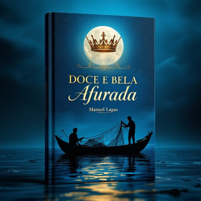 A mystical, moonlit sea as the background in deep and evocative shades of ocean blue. A golden crown subtly floats above a silhouetted traditional fishing boat with intricate details of fishermen casting nets. The networks of fishing nets extend outward, intertwining with ghostly silhouettes of fish, creating a visual blend of nostalgia and mystery. Faint outlines of historical landmarks of Afurada can be integrated subtly into the background shadows of the sea. The glow around the crown accentuates its regal prominence.