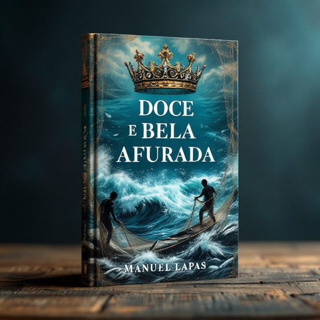 A dramatic illustration of a crown, intricately designed to resemble fishing nets, resting atop the waves of a vast, deep blue sea. Around the crown, a scene of life unfolds fishermen pulling their nets brimming with sparkling, silver fish, while traditional traineiras drift nearby. The background is textured, symbolizing the faded yet majestic beauty of Afurada's history. Subtle details of the mist blending into the horizon evoke a sense of mystery and nostalgia.